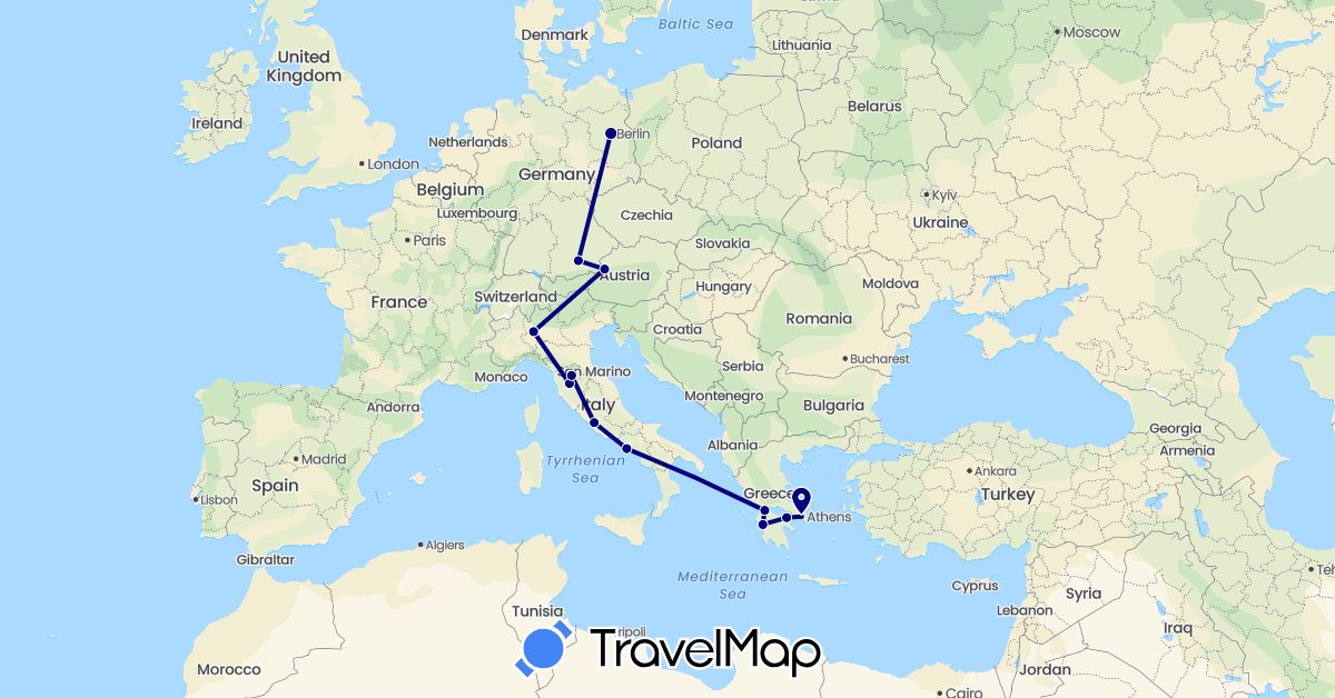 TravelMap itinerary: driving in Austria, Germany, Greece, Italy (Europe)