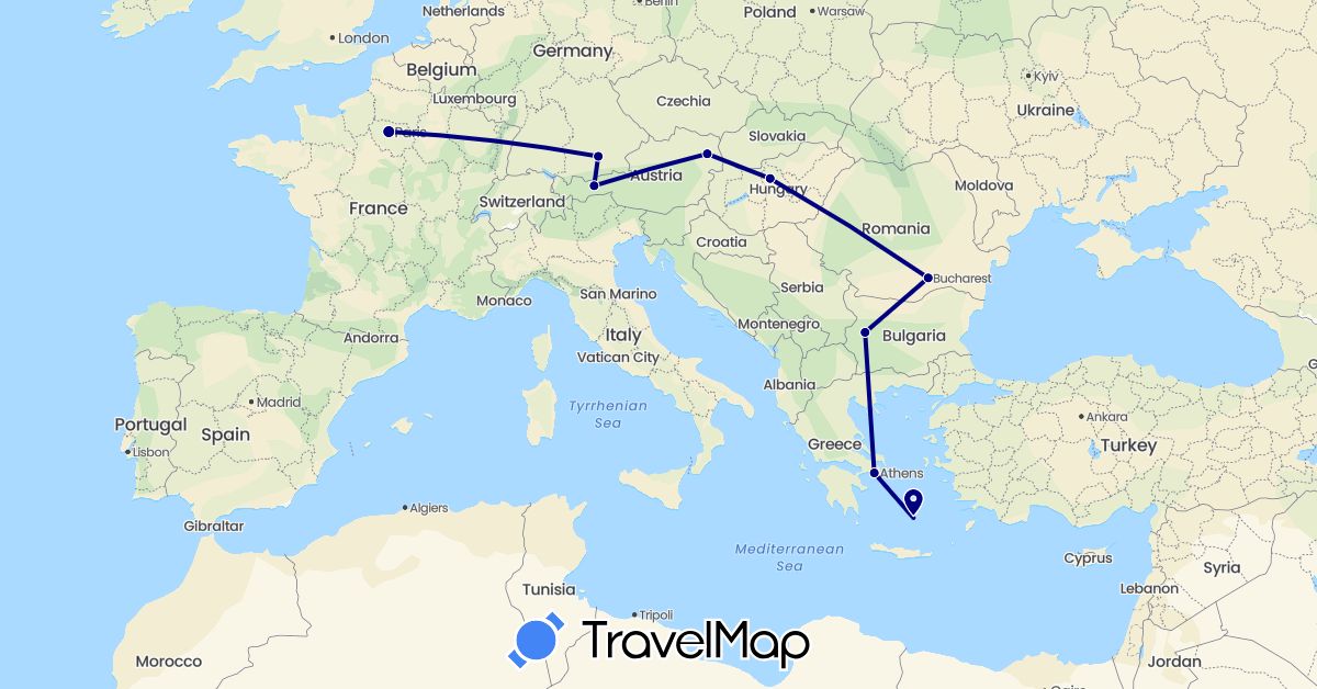 TravelMap itinerary: driving in Austria, Bulgaria, Germany, France, Greece, Hungary, Romania (Europe)