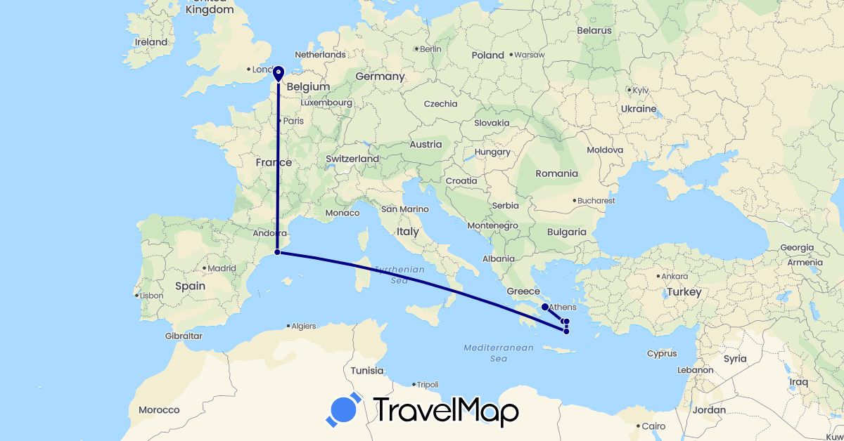 TravelMap itinerary: driving in Spain, France, Greece (Europe)