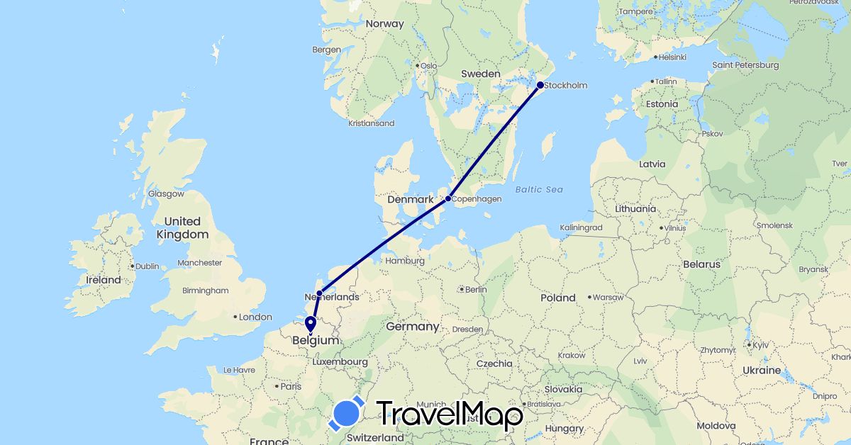 TravelMap itinerary: driving in Belgium, Denmark, Netherlands, Sweden (Europe)