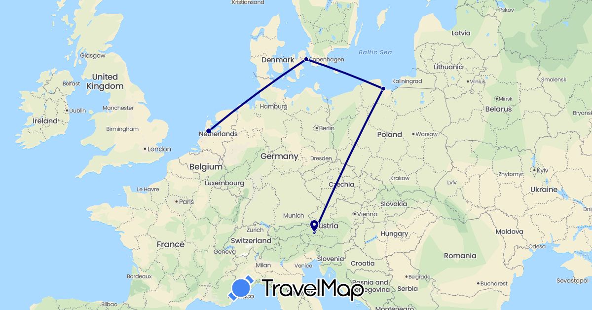 TravelMap itinerary: driving in Austria, Denmark, Netherlands, Poland (Europe)
