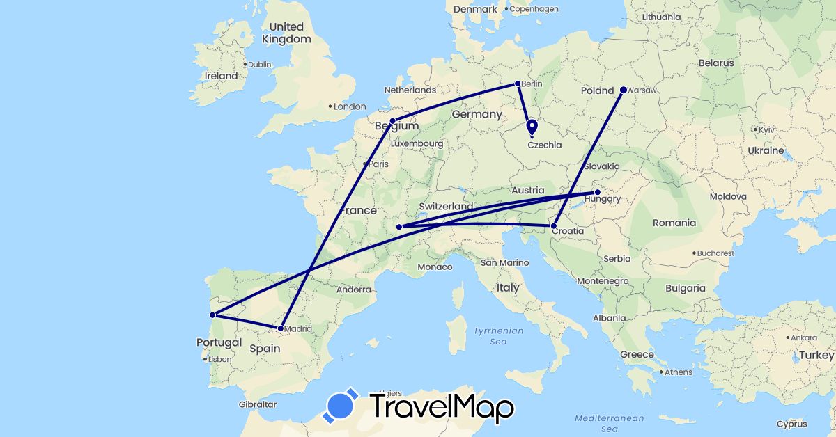 TravelMap itinerary: driving in Belgium, Czech Republic, Germany, Spain, France, Croatia, Hungary, Poland, Portugal (Europe)